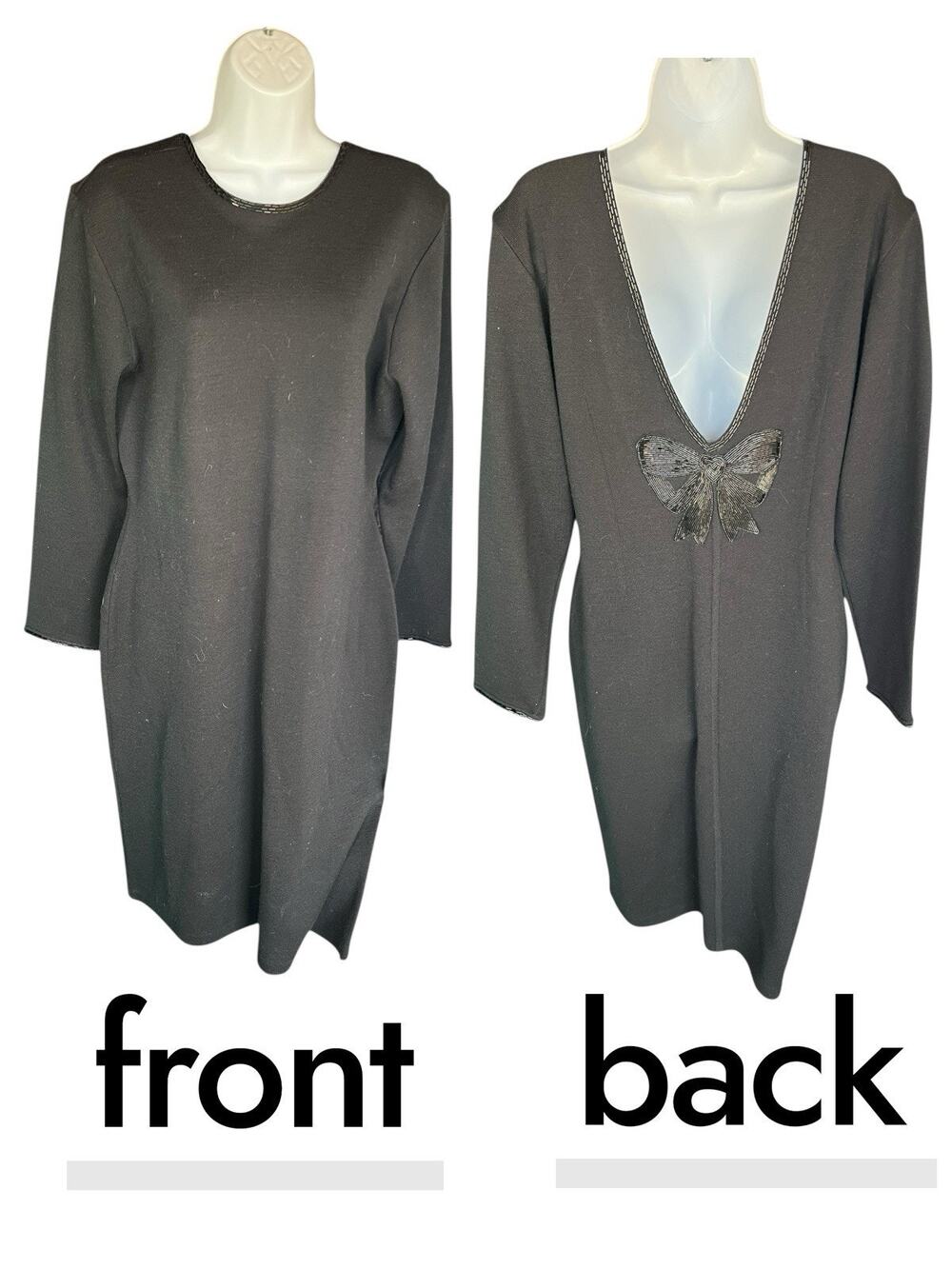 Vintage 90s Talbots Depeche Women's XL Beaded Low Back Wool Blend Dress Black